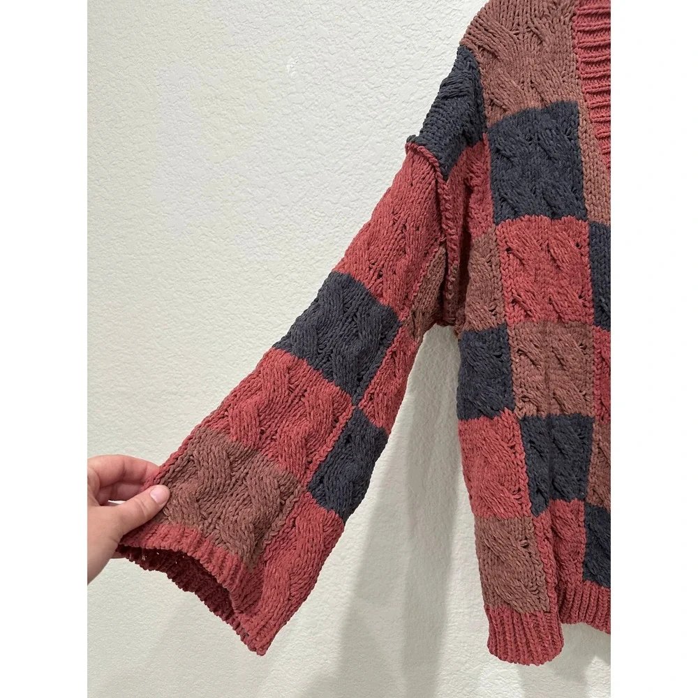 POL Women Colorblock Checkered Cable Knit Cardigan Sweater Rose Grey SMST646 S